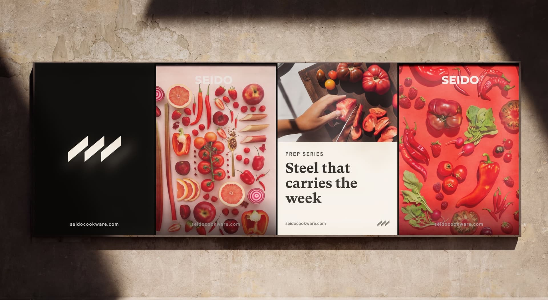 A SEIDO billboard on a sunlit wall: the marque, produce laid out in a grid, the Prep Series line, and red vegetables on a red background